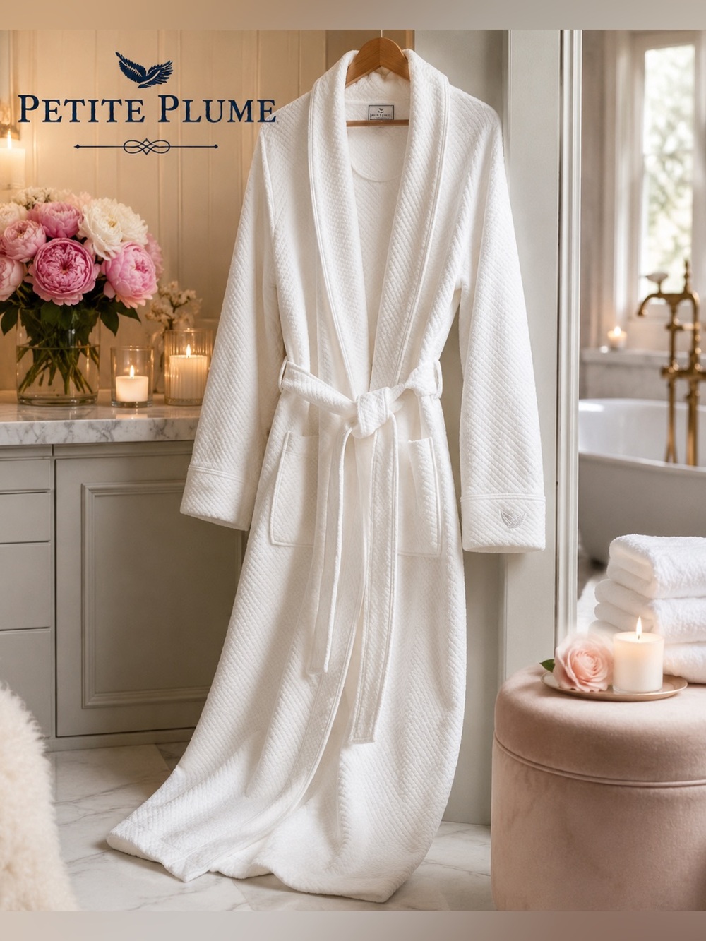 Petite Plume Ophelia Pima Jacquard White Long Robe Women’s L Luxury